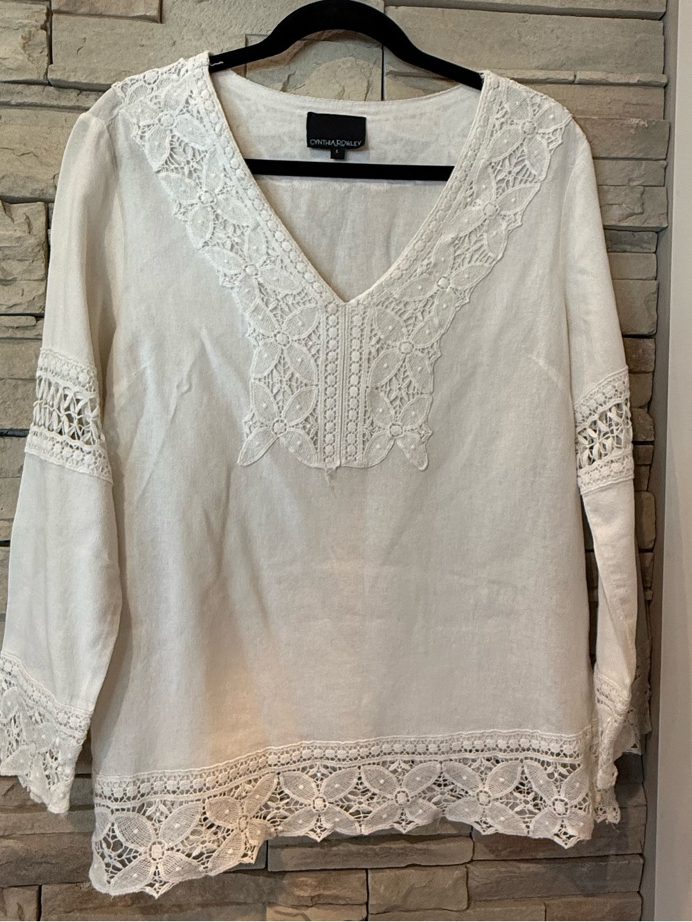 Cynthia Rowley Womens White Embroidered Linen Rayon Blouse Boho Top L